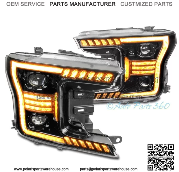 For 18-20 Ford F-150 Pickup Amber LED Tube Projector Headlights Headlamps Black (For: Ford F-150)