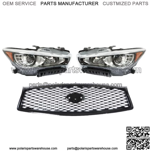 Pair Headlights+Front Upper Grille For 2014-2016 2017 Infiniti Q50 w/o AFS LH+RH