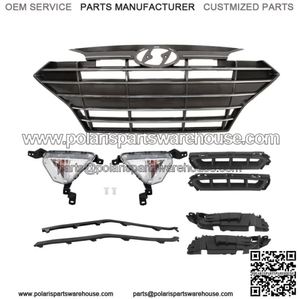 For Hyundai Elantra 2019-2020 Front Grille+Fog Lights Bracket Molding Set 9pcs - Image 2
