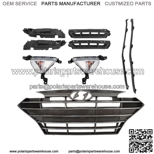 For Hyundai Elantra 2019-2020 Front Grille+Fog Lights Bracket Molding Set 9pcs - Image 3